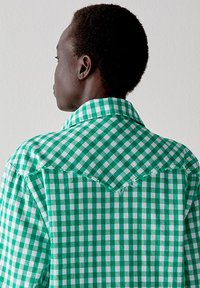 Persona con capelli ricci corti che indossa una camicia a quadri verde e bianca, di spalle contro uno sfondo chiaro uniforme.