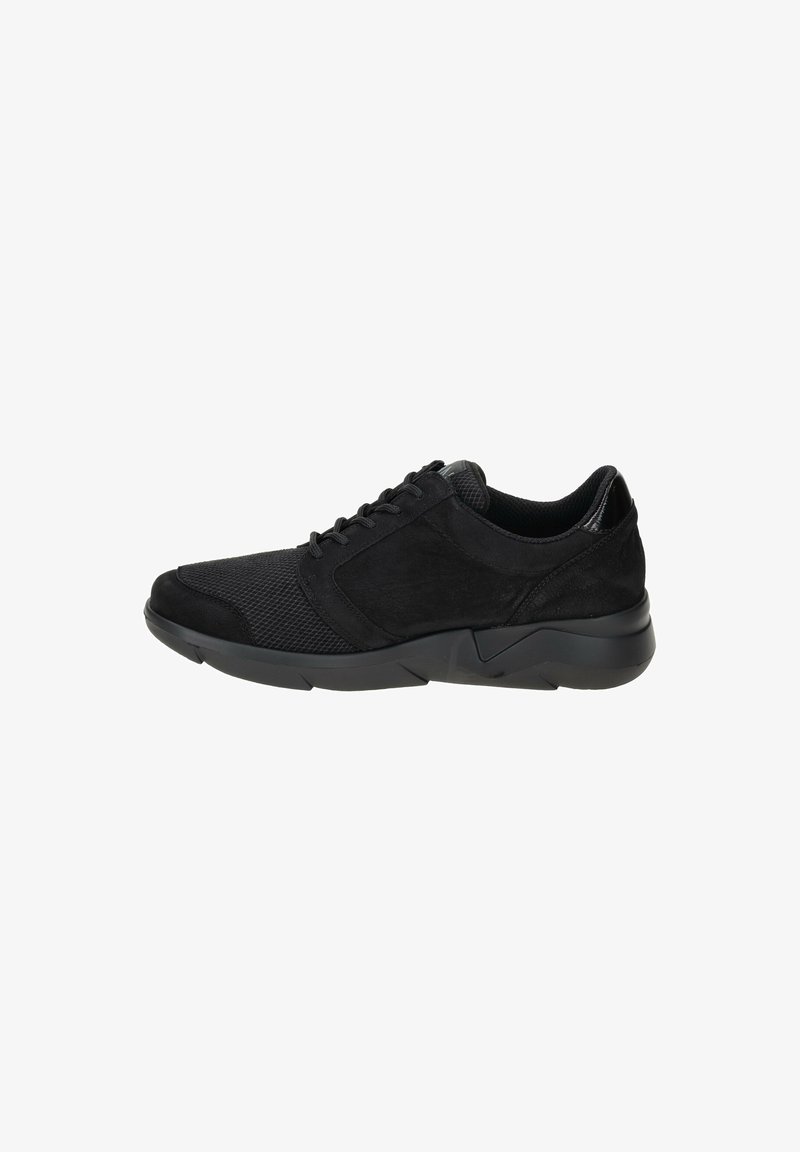 Black sneakers featuring a mix of suede and mesh materials, a rounded toe, lace closure, and a thick rubber sole with textured detailing.