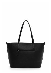 Borsa tote nera in pelle con superficie testurizzata, doppi manici e tasca anteriore con zip. Forma rettangolare con ampia apertura nella parte superiore.