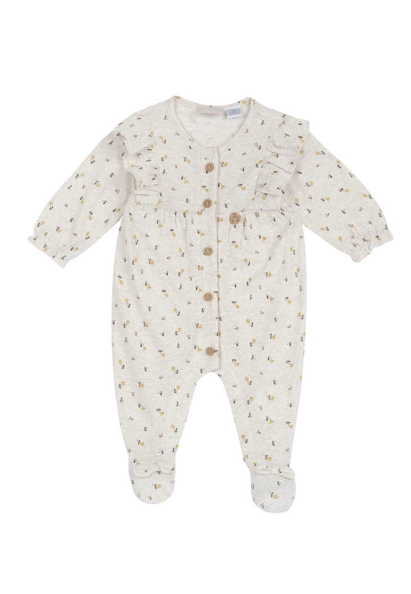 Une combinaison beige clair avec des manches longues, des volants, et un petit imprimé floral. Elle présente des boutons en bois et un design fermé pour plus de chaleur.