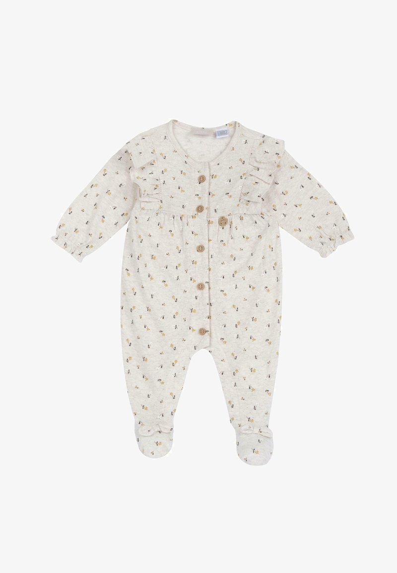 Une combinaison beige clair avec des manches longues, des volants, et un petit imprimé floral. Elle présente des boutons en bois et un design fermé pour plus de chaleur.