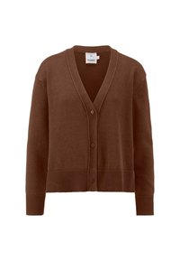 Brauner Cardigan mit V-Ausschnitt, Knopfverschluss und gerippten Bündchen und Saum. Hergestellt aus weichem Material mit glatter Textur. Keine Muster oder Akzente.