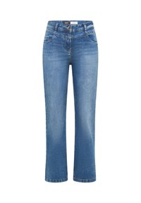 Jean denim bleu droit avec poches avant, passants pour ceinture et fermeture par bouton, présenté sur un fond blanc.