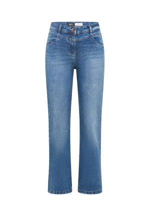 Jeans di denim blu a gamba dritta con tasche anteriori, passanti per cintura e chiusura con bottone, mostrati su uno sfondo bianco.