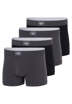 Cztery pary męskich bokserek w kolorze czarnym i ciemnoszarym z elastycznymi pasami w talii ozdobionymi białym logo Adidas na środku z przodu.