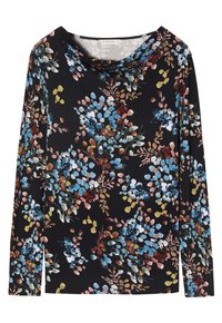 Langsleeve shirt van zwarte stof met een bloemenpatroon in lichtblauwe, rode, gele en roze tinten. Zachte textuur met een col nek.