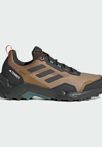 Terrex hiking shoe featuring a brown and black mesh upper, textured black rubber outsole, and blue accents. Reinforced toe and heel areas.