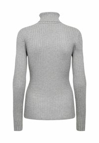 Maglione a collo alto grigio chiaro a coste con maniche lunghe e silhouette aderente, caratterizzato da dettagli di cucitura sottili lungo il collo.