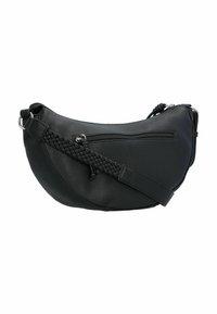 Bolso hobo de cuero negro con forma curved, superficie texturizada, correa trenzada y un bolsillo con cremallera en la parte frontal. Correa de hombro ajustable.