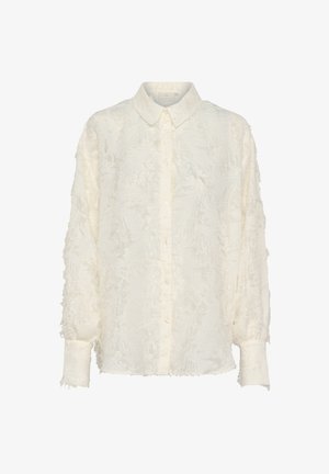 Weißes Hemd mit Knopfleiste aus texturiertem, ausgefranstem Stoff. Verfügt über einen klassischen Kragen und lockere, lange Ärmel. Dezente Musterung im gesamten Design.