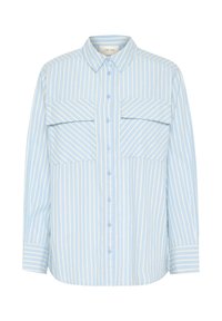 Camicia a righe blu chiaro e bianca con due tasche sul petto, colletto e maniche lunghe con dettagli nei polsini. Tessuto dalla texture liscia.