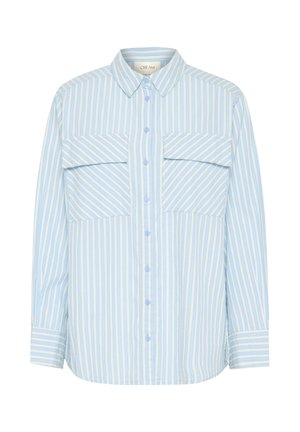 Lichtblauw en wit gestreept overhemd met knopen, twee borstzakken, een kraag en lange mouwen met manchetten. Gladde stoftextuur.