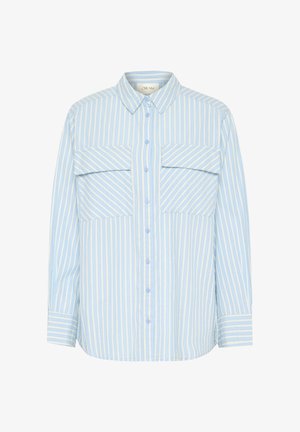 Camicia a righe blu chiaro e bianca con due tasche sul petto, colletto e maniche lunghe con dettagli nei polsini. Tessuto dalla texture liscia.