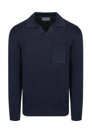 Marineblauer langärmeliger Strick-Polopullover mit kleiner Brusttasche und gerippten Bündchen und Saum.
