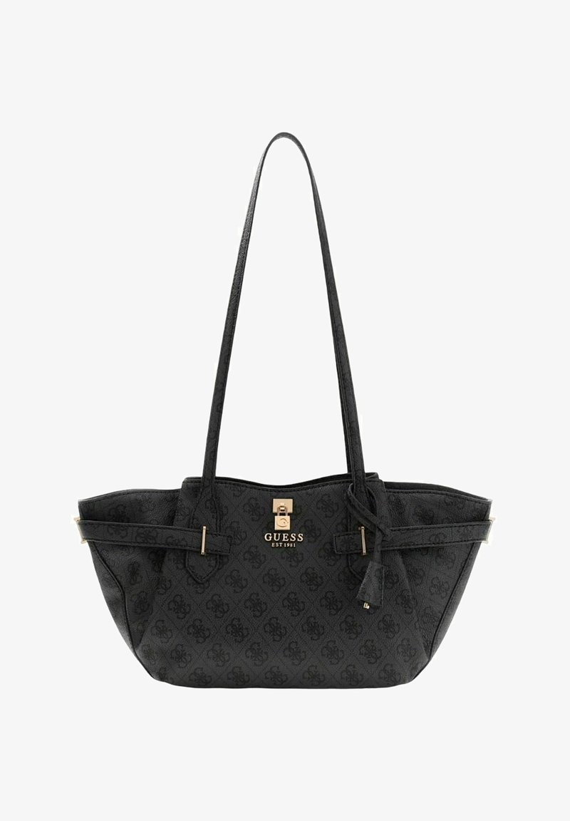 Sac fourre-tout noir avec motif de logo en relief, accents en métal doré, deux poignées et design froncé. Fabriqué en matériau synthétique texturé.