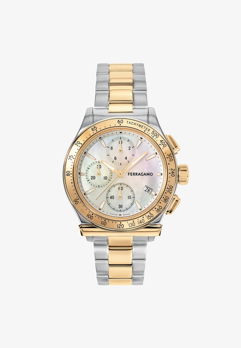 Silberne und goldene Edelstahl-Uhr mit einem runden Zifferblatt aus Perlmutt, drei Hilfszifferblättern und einer Datumsanzeige, ausgestattet mit einer Tachymeter-Lünette.