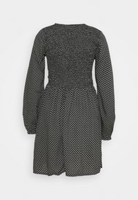 Schwarzes Kleid mit weißen geometrischen Mustern, langen Puffärmeln, gerafftem Taillenbereich und lockerer Passform. Glatte Textur und knielanges Design.