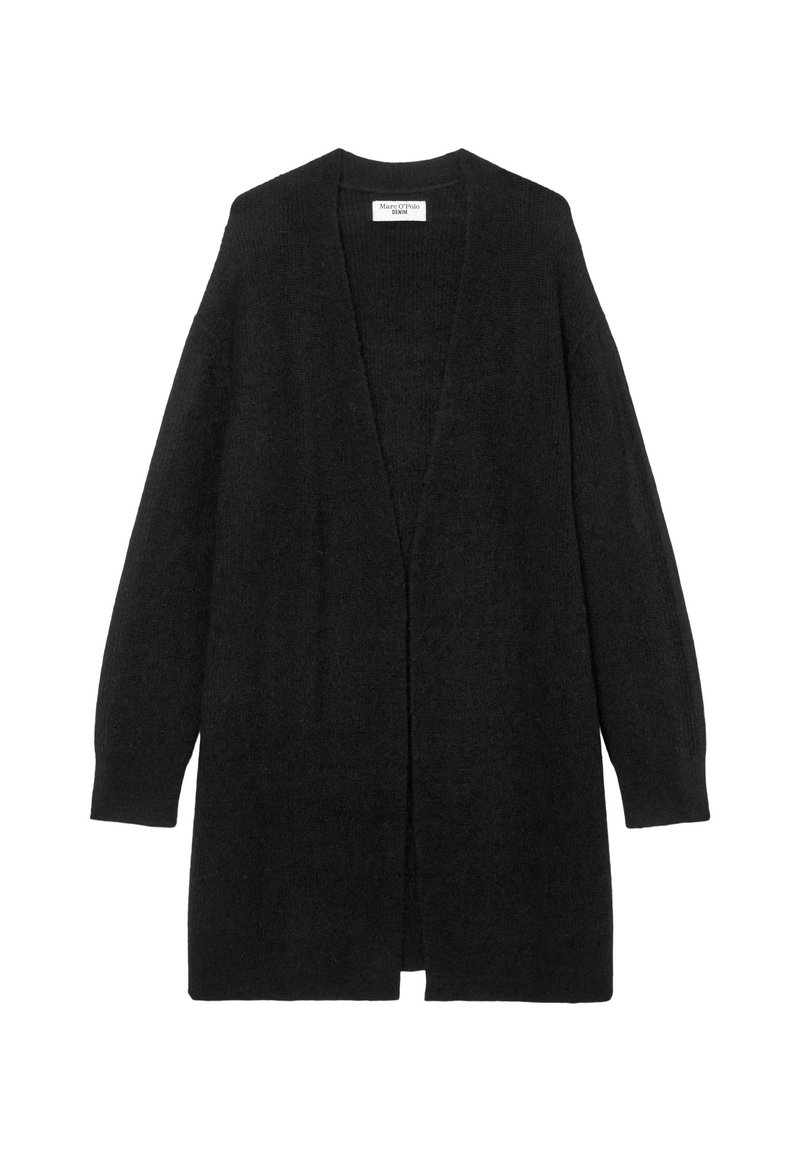 Schwarzer langer Cardigan mit offenem Vorderteil, weiten Ärmeln und weichem, strukturiertem Stoff. Einfaches, minimalistisches Design. Keine Verschlüsse oder Muster.