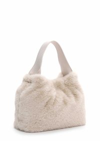 Nepbont handtas in zacht beige met eenGathered ontwerp. Voorzien van een gladde, platte leren handgreep. Compacte, rechthoekige vorm.