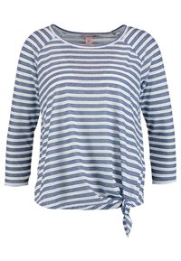 Vit och blå randig långärmad skjorta med båtformad halsringning och knutdetalj i fållen.