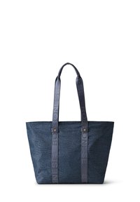 Marinefarbene Tragetasche aus strukturiertem Stoff, mit zwei flachen Griffen und geprägtem Logo, sicheren Nieten und offenem Oberdesign.