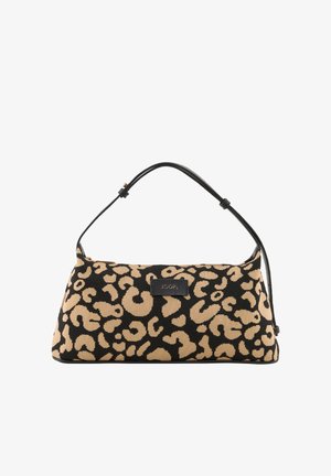 Sac bandoulière à imprimé léopard noir et beige avec une seule sangle noire et une petite étiquette de marque rectangulaire à l'avant.
