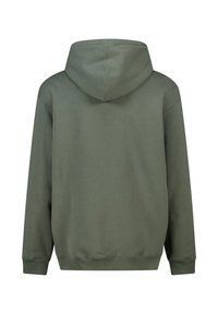 Felpa verde oliva con cappuccio vista da dietro, con maniche lunghe e polsini e fondo a coste.