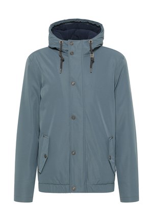 Water-resistant jacket in light blue, features a hood, front snap buttons, and side pockets, with a smooth, textured finish.