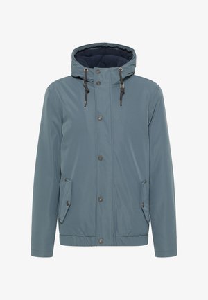 Water-resistant jacket in light blue, features a hood, front snap buttons, and side pockets, with a smooth, textured finish.