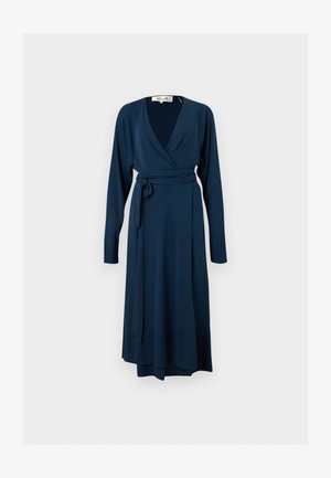 Long-sleeve, navy blue wrap dress with V-neck and waist tie, midi length, displayed on plain light background.