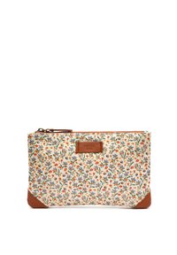 Pochette con stampa floreale realizzata in tessuto con dettagli in pelle, con fiori arancioni, viola e verdi su uno sfondo crema e chiusura a zip.