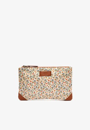 Woreczek z nadrukiem kwiatowym wykonany z tkaniny z skórzanymi akcentami, w pomarańczowe, fioletowe i zielone kwiaty na kremowym tle, z zamknięciem na zamek.