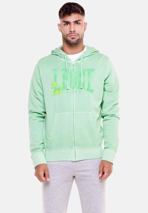 Jeune homme aux cheveux courts portant un sweat à capuche zippé vert clair avec un motif délavé et un pantalon de jogging gris clair, debout devant un fond uni.