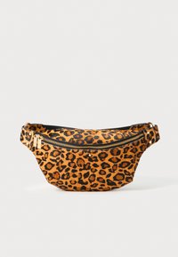 Leopard print fanny pack made of soft material, featuring a black zipper and gold hardware, with a curved shape and adjustable strap.