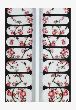 Nagelwickel mit weißem Grund, verziert mit pinken Kirschblütenmustern, schwarzen Ästen und glänzender Textur, angeordnet in einer rechteckigen Anordnung.