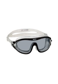 Beco zwembril met zwart siliconen frame, transparante band en grijs getinte lenzen. Het ontwerp omvat een dubbele afdichting voor comfort en pasvorm.