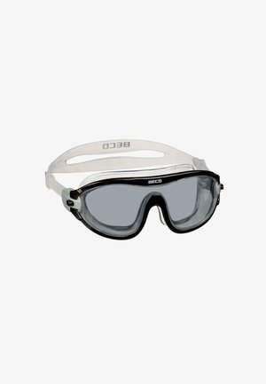 Lunettes de natation Beco avec monture en silicone noir, sangle transparente et verres teintés gris. Le design comprend un double joint pour le confort et l'ajustement.