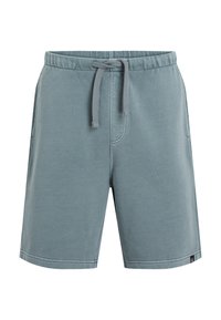 Pantaloni corti di cotone blu chiaro con vita elasticizzata e coulisse. Presentano una tasca frontale singola e cuciture visibili lungo l'orlo.