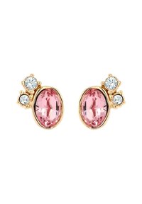 Goldfarbene Ohrringe mit einem ovalen rosa Edelstein, flankiert von zwei kleineren klaren Steinen, in einer strukturierten Fassung.