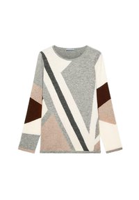 Sweter dziany z geometrycznym wzorem w odcieniach szarości, beżu, brązu i kremu. Długie rękawy i okrągły dekolt. Miękka tekstura.