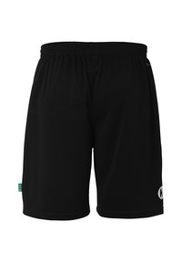 Schwarze Shorts aus leichtem Stoff, mit einem elastischen Bund und einem Logo auf der unteren rechten Seite. Glatte Textur, keine Muster.