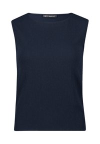Navyblauwe mouwloze top met een gestructureerd oppervlak en een bootnek. Gemaakt van een zachte stof met een subtiel golfpatroon.