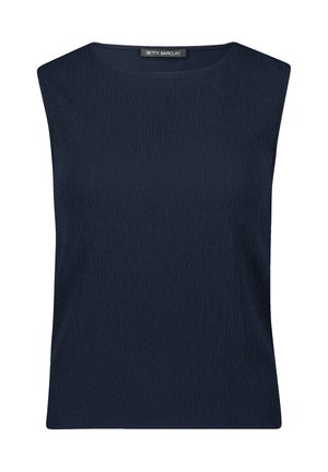 Marineblaues ärmelloses Top mit strukturiertem Oberflächen und weiter Ausschnitt. Hergestellt aus einem glatten Stoff mit einem subtilen Wellenmuster.
