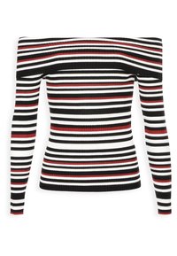 Prążkowany top odsłaniający ramiona z poziomymi paskami w kolorach czarnym, białym i czerwonym, z długimi rękawami i dopasowanym krojem.