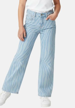 Lichtblauwe wijde jeans met een zebra-streep patroon, gemaakt van denim. Heeft een knoopsluiting, zijzakken en een comfortabele pasvorm.