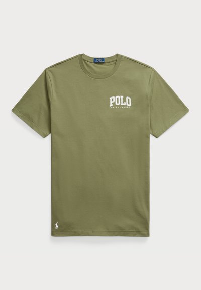 Olive green cotton t-shirt with short sleeves, round neckline, and white “POLO RALPH LAUREN” logo on the chest. Small embroidered horse logo at hem.