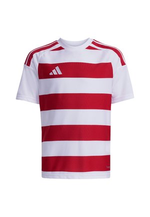 Weißes kurzärmeliges Sportshirt mit breiten roten horizontalen Streifen und roten Streifen auf den Schultern, mit kleinem weißem Logo auf der Brust.