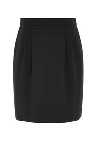 Černá tužková sukně z hladkého materiálu, s vysokým pasem, s řasením v přední části a délky ke kolenům.