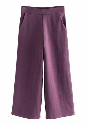 Weite Hosen in einem tiefen Lila, aus weichem Stoff gefertigt, mit Seitentaschen und einem glatten Bund für einen bequemen Sitz.