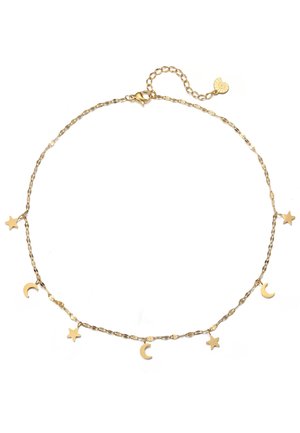 Delicate gouden ketting met afwisselend ster- en maansikkelbedels en een karabijnsluiting met verstelbare ketting.